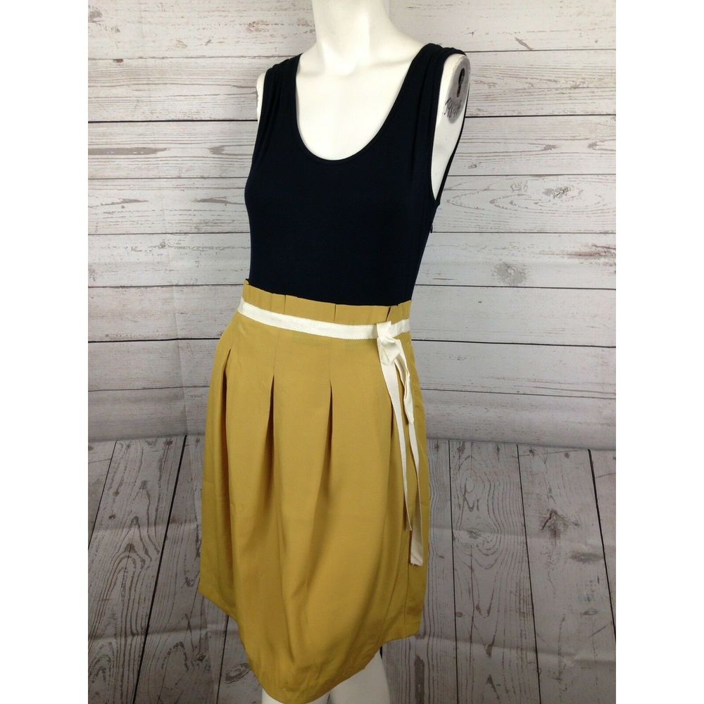 Anthropologie Black Bodice Mustard Skirt Cocktail Dress with Cream Sash